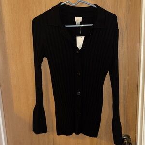 NWT a new day Black V-neck Ribbed Lightweight Cardigan Flare Wrists New